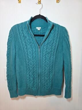 L.L.Bean Medium Green Cable Knit Zip-up Sweater Women's Heavyweight‎ Fisherman